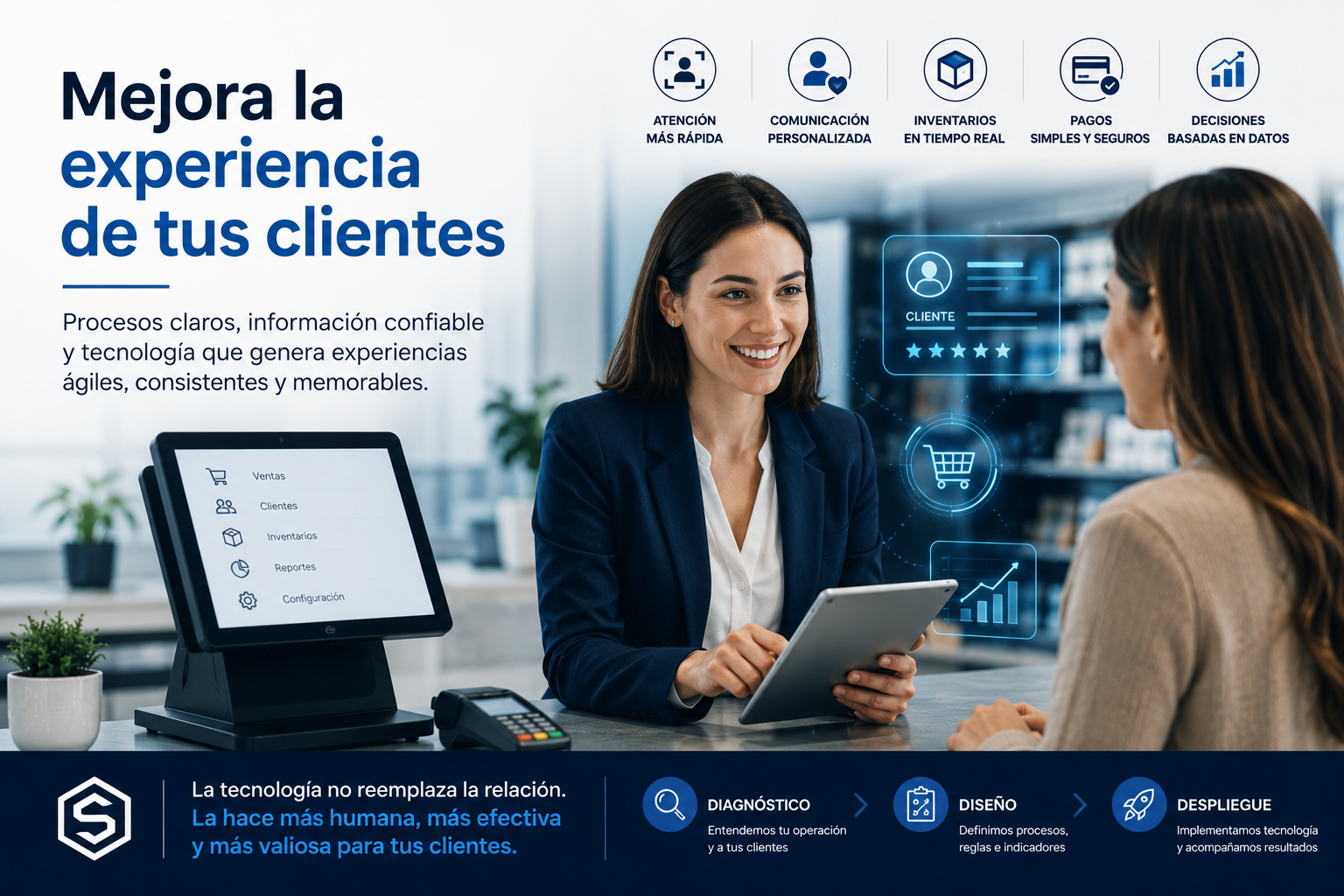 Ejecutiva atendiendo a una cliente mientras utiliza herramientas digitales para ofrecer una experiencia más rápida, personalizada y eficiente, respaldada por procesos claros e información confiable.