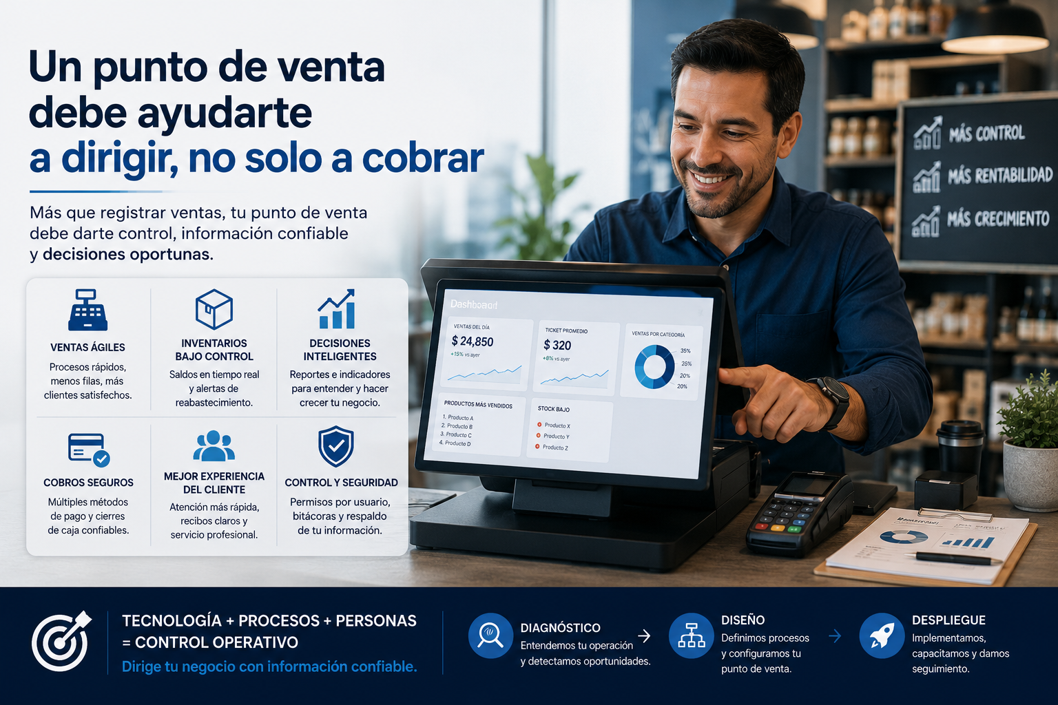 Director empresarial analizando ventas, inventarios, caja e indicadores para elegir e implementar un punto de venta con control operativo