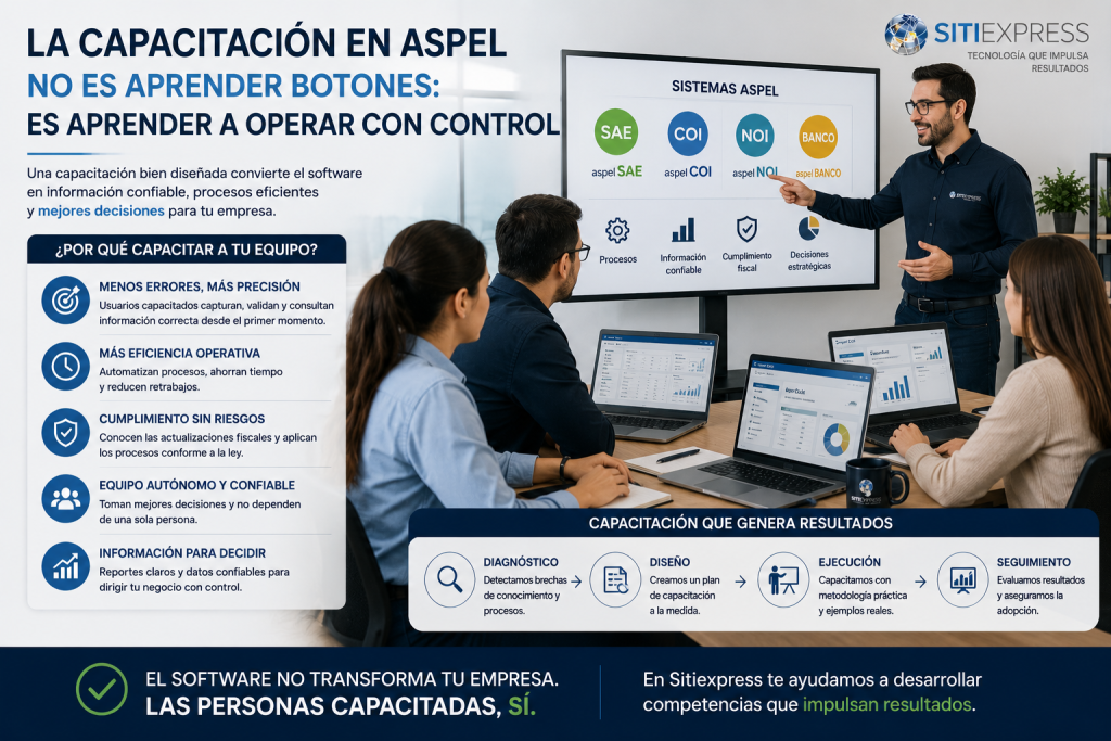 Capacitación empresarial en sistemas Aspel donde un consultor explica procesos operativos y control administrativo a un equipo de trabajo, utilizando indicadores, reportes y metodologías para mejorar la toma de decisiones.