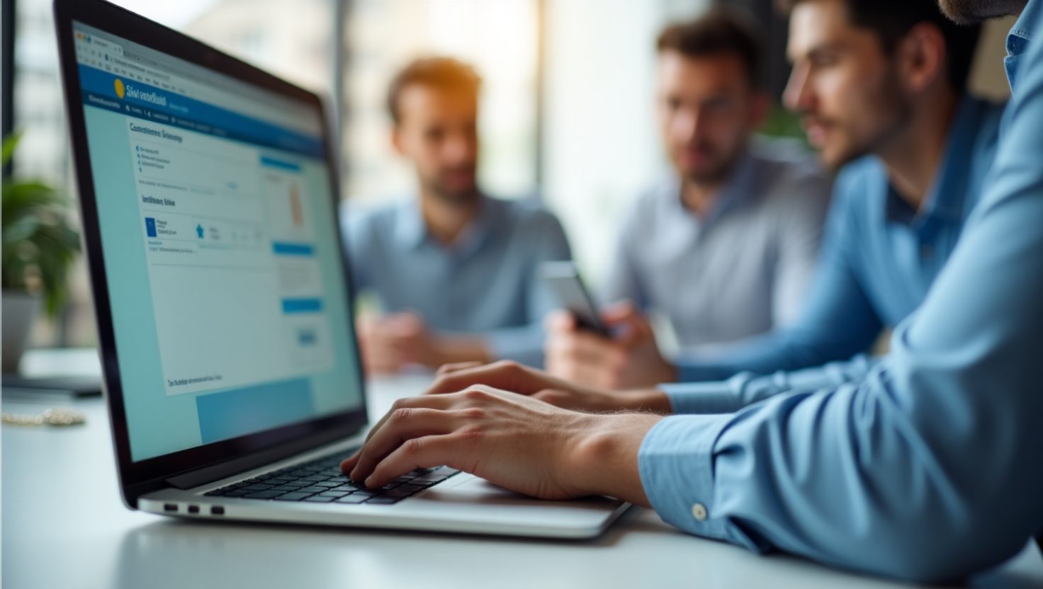 Primer plano de un CRM en una laptop, con un vendedor actualizando datos de clientes mientras sus colegas colaboran en segundo plano.