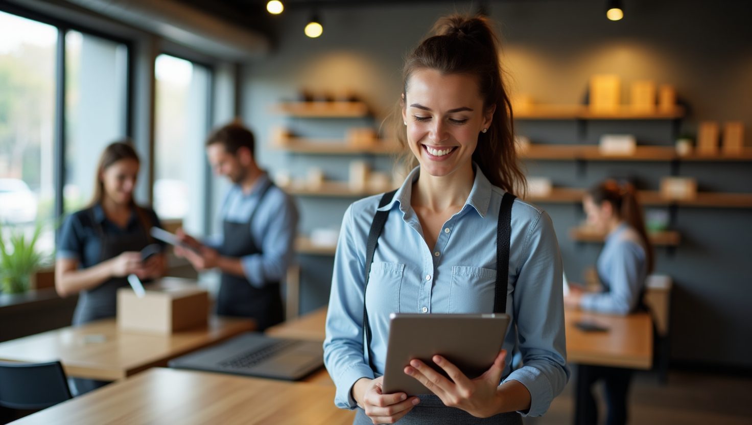Empresario confiado usando un moderno sistema POS en una tablet, con un entorno de trabajo organizado y empleados eficientes.