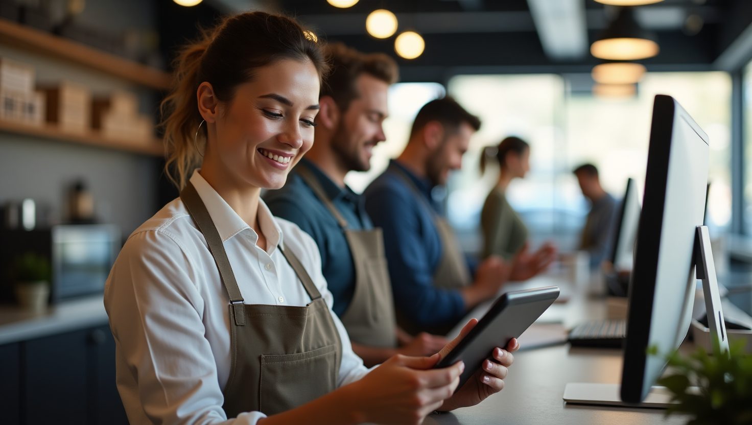 Empresario confiado usando un moderno sistema POS en una tablet, con un entorno de trabajo organizado y empleados eficientes.