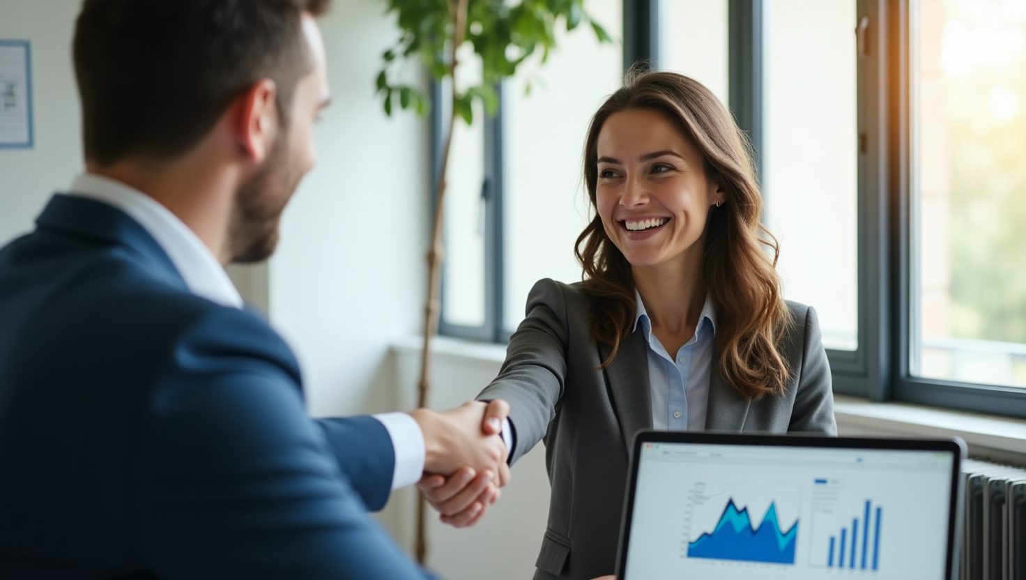 Consultor de negocios dando la mano a un cliente en una oficina moderna, con una laptop mostrando análisis empresariales.