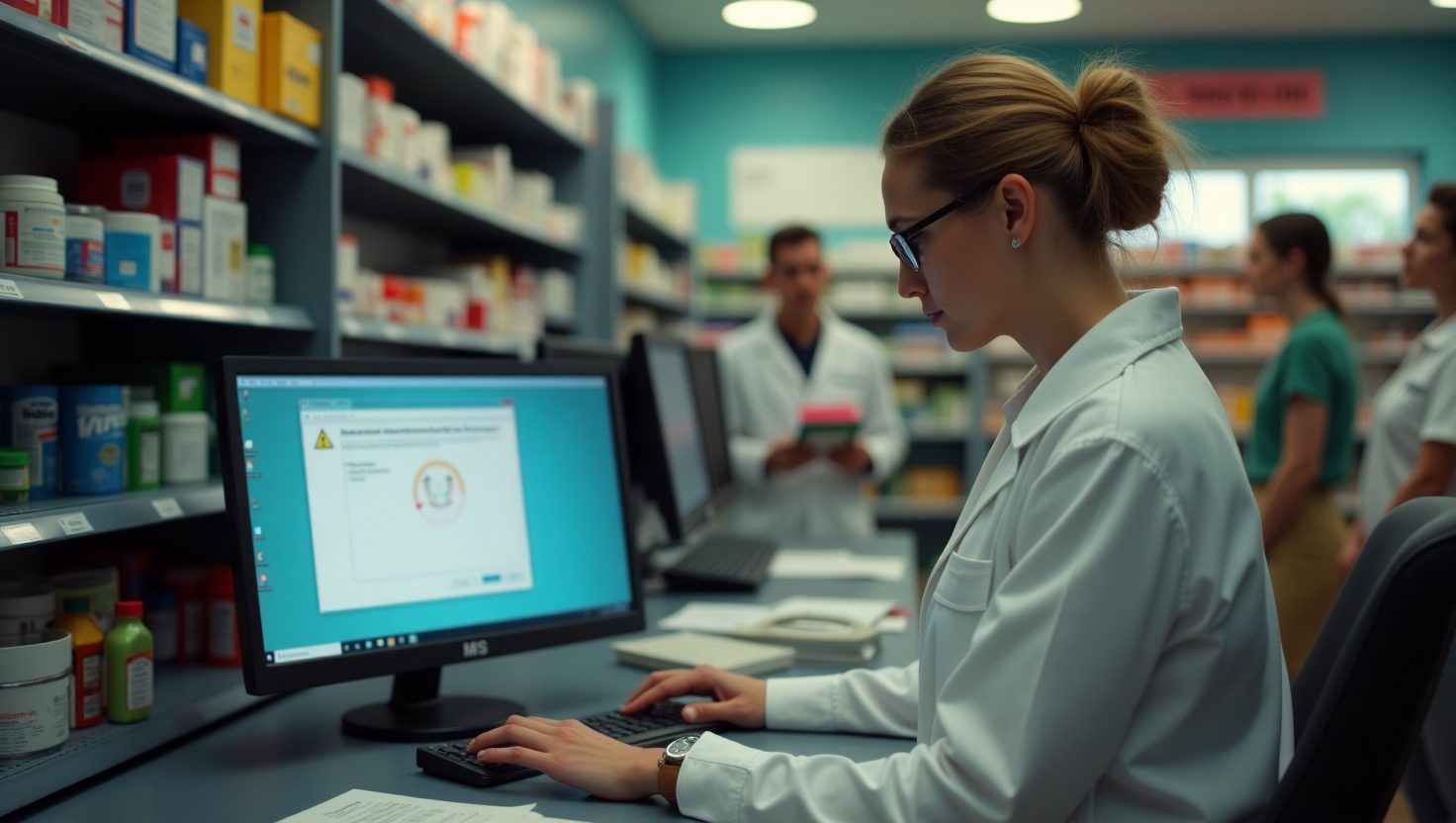 Dueño de farmacia preocupado al ver estantes vacíos y errores en el sistema de ventas, empleados confundidos en el fondo