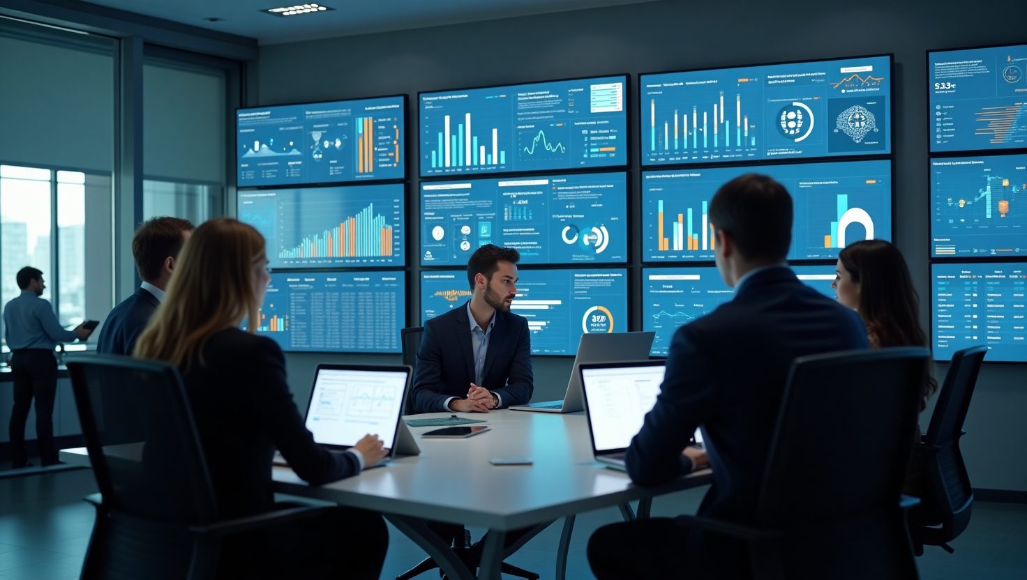 Empresarios revisando datos en una pantalla digital para mejorar la eficiencia de su negocio.