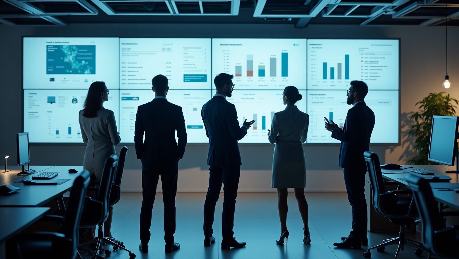 Empresarios revisando datos en una pantalla digital para mejorar la eficiencia de su negocio.