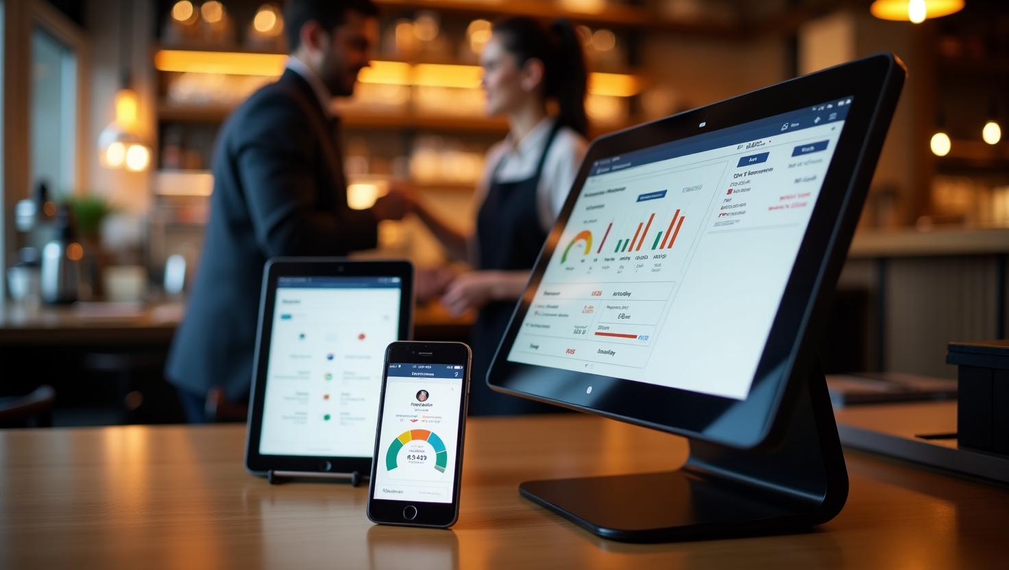 Sistema de gestión de restaurantes en un POS, tablet y móvil con datos sincronizados.
