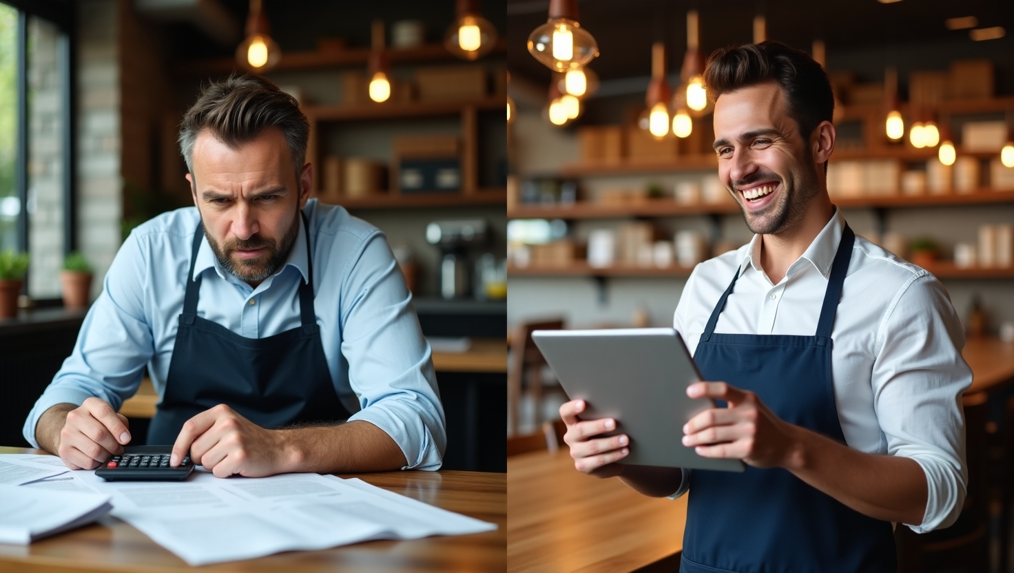 Diferencia entre un restaurantero estresado con papeles desordenados y el mismo restaurantero tranquilo con un software de gestión.