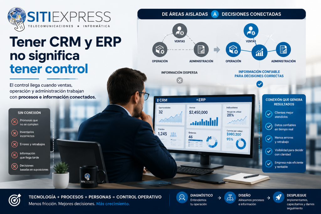 Director empresarial analizando la conexión entre CRM, ERP, ventas, operación y administración para obtener información confiable y mejorar el control operativo.