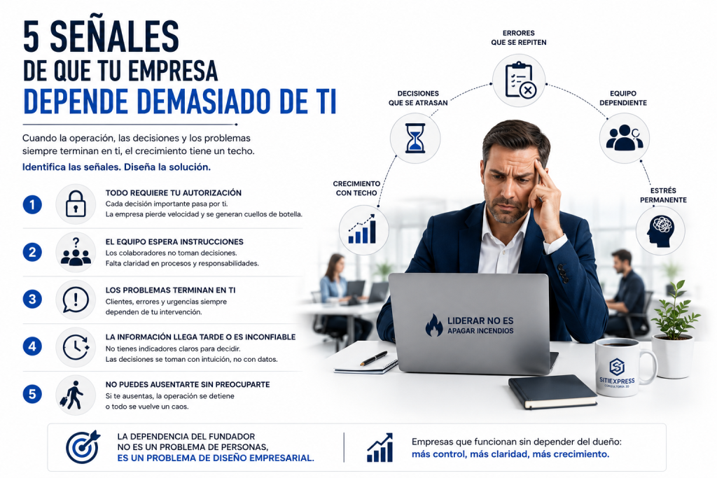 Empresario analizando las señales de dependencia del fundador en una PyME, incluyendo retrasos en decisiones, falta de autonomía del equipo y problemas de control operativo.
