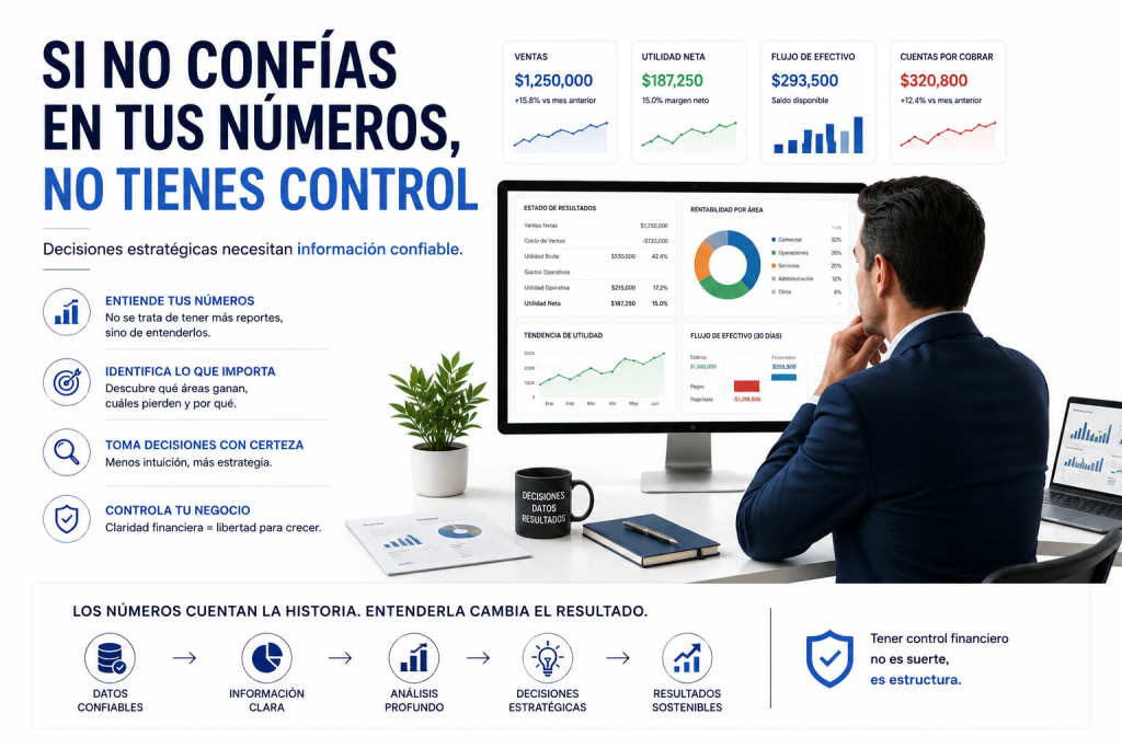 Director empresarial analizando indicadores financieros, flujo de efectivo, utilidad y cuentas por cobrar en un dashboard ejecutivo para tomar decisiones basadas en información confiable.