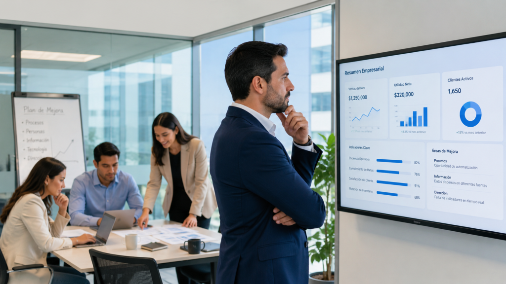 Empresario revisando indicadores de operación con su equipo