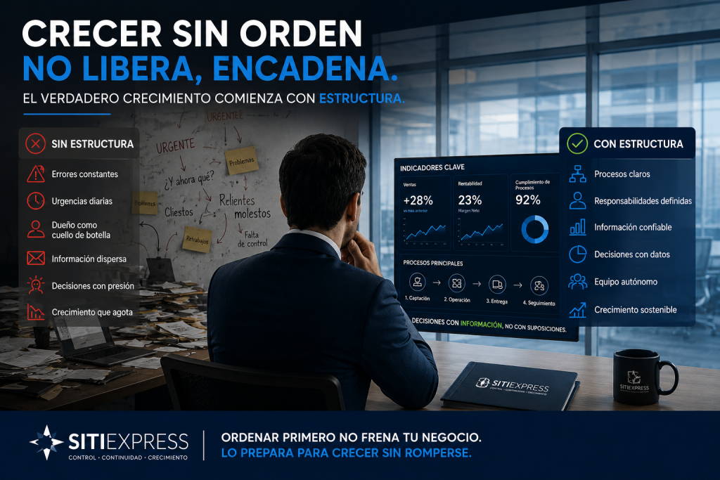 Empresario analizando el crecimiento de su empresa mediante procesos, indicadores y estructura organizacional para lograr escalabilidad sostenible.