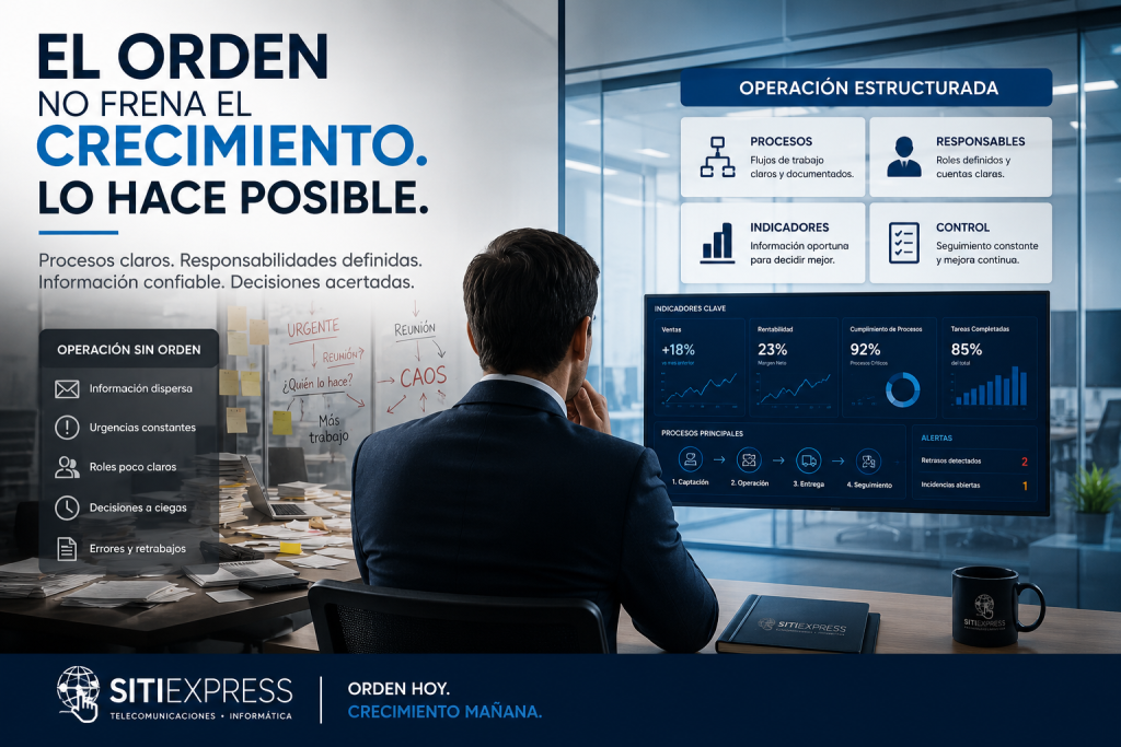 Director empresarial analizando procesos, indicadores y responsabilidades para lograr crecimiento con control y estructura operativa.