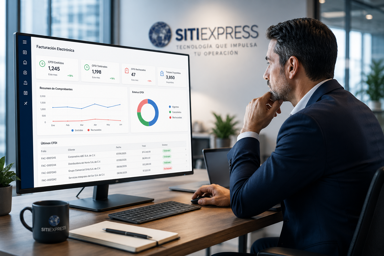 Empresarios revisando facturación electrónica y CFDI en un sistema administrativo