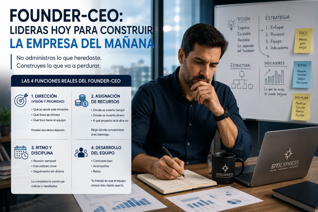 Founder-CEO analizando estrategia empresarial, indicadores y estructura organizacional para construir una empresa escalable con menor dependencia del fundador.