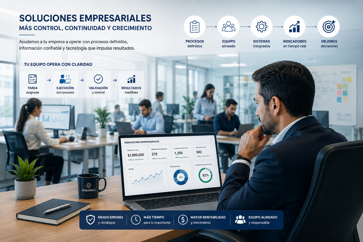 Ejecutiva atendiendo a una cliente mientras utiliza herramientas digitales para ofrecer una experiencia más rápida, personalizada y eficiente, respaldada por procesos claros e información confiable.