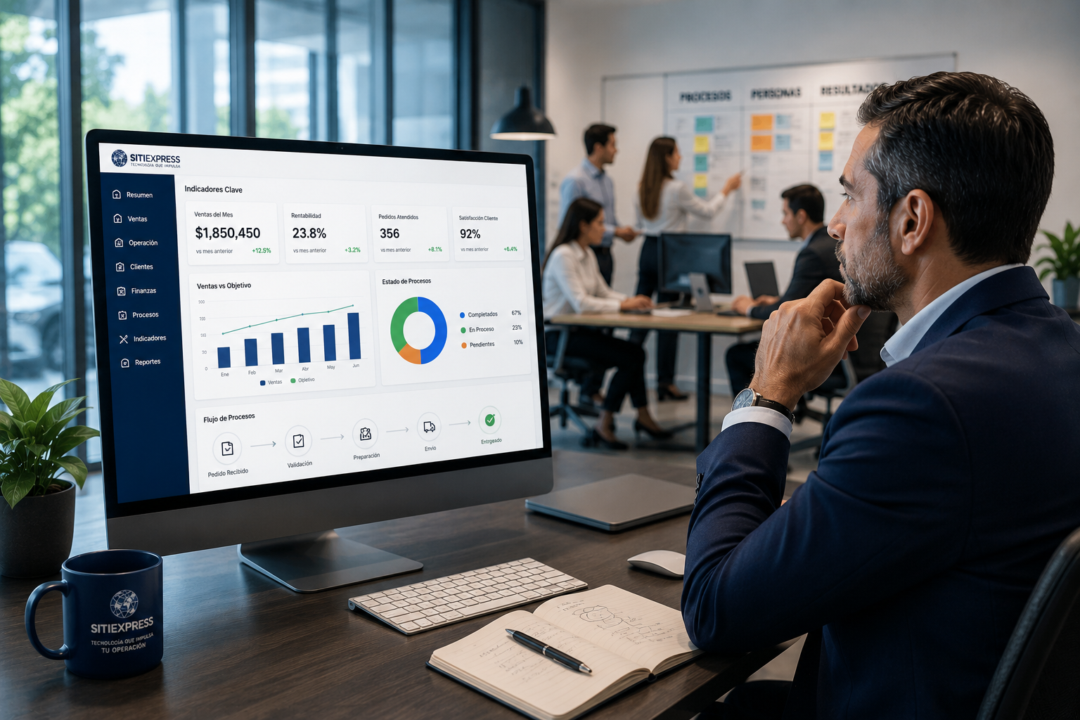 Dueño de empresa revisando indicadores mientras su equipo opera con procesos definidos
