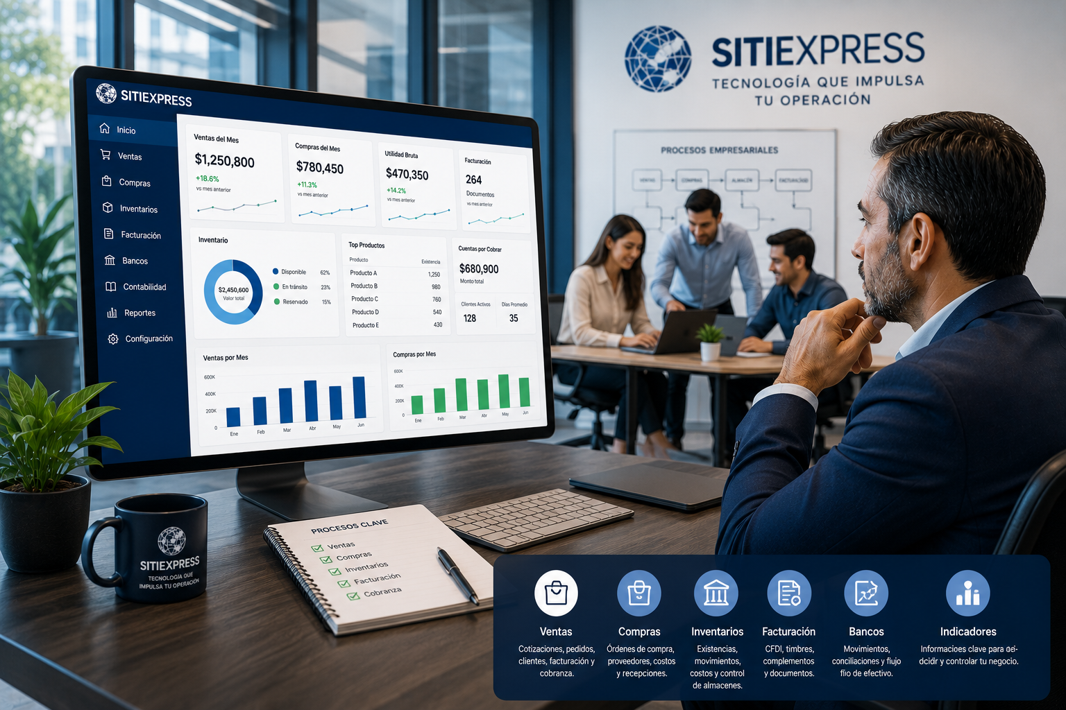 Empresario revisando ventas, compras, inventarios y facturación en un sistema administrativo