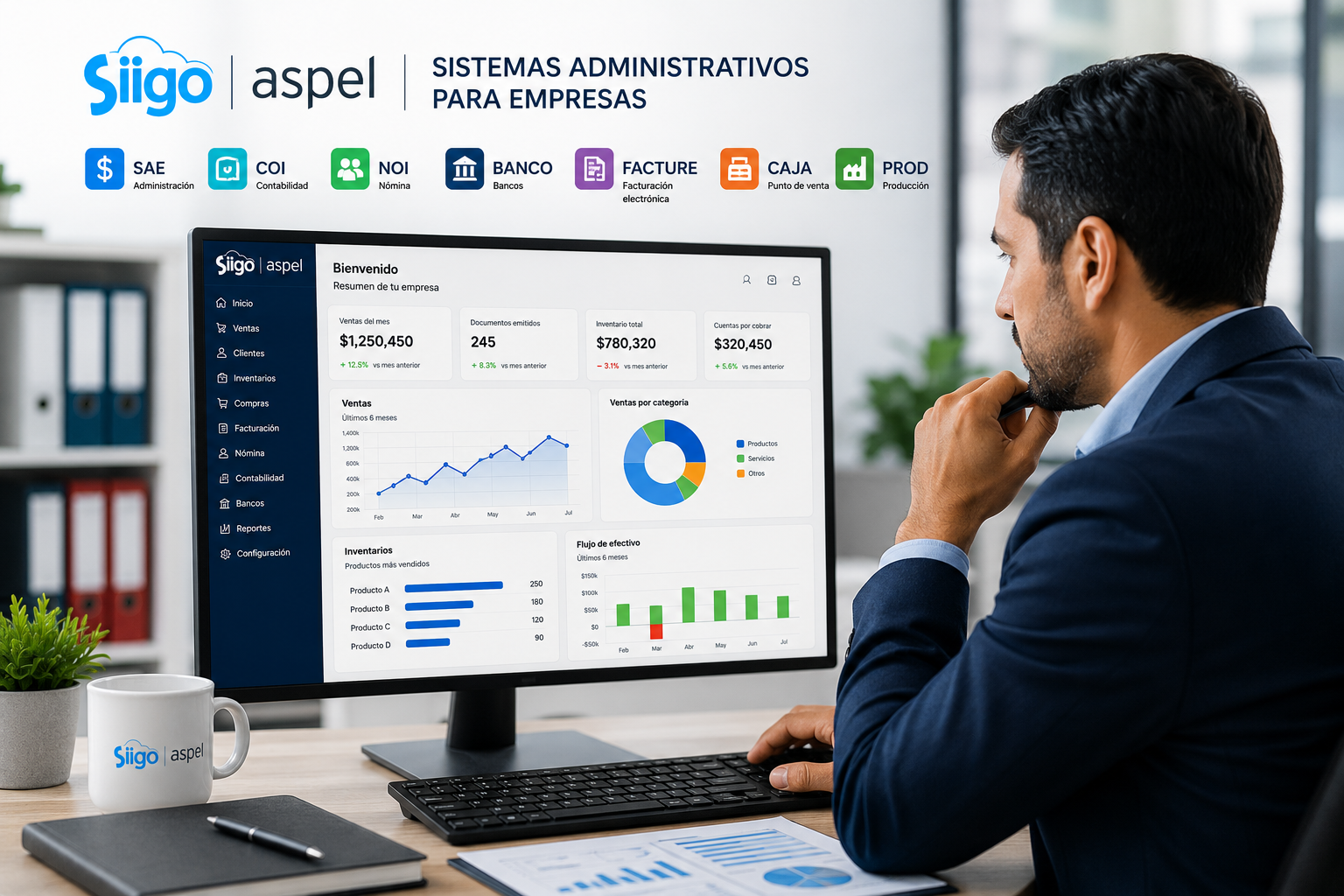 Empresario revisando ventas, inventarios, facturación y finanzas mediante sistemas Siigo Aspel