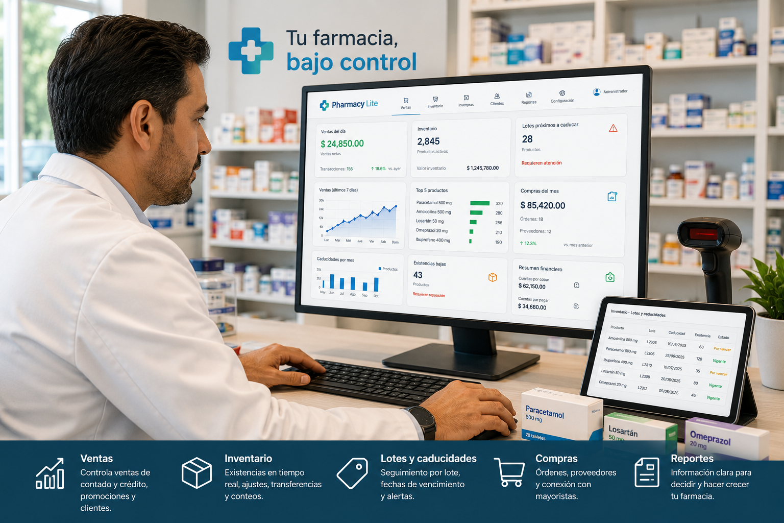 Dueño de farmacia revisando ventas, inventarios, lotes, caducidades, compras y reportes mediante Pharmacy Lite