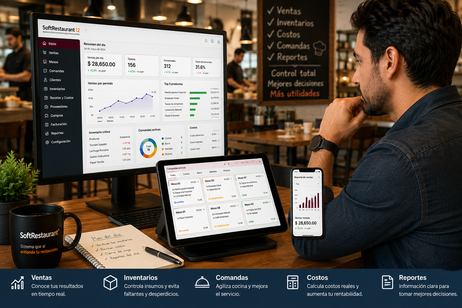 Dueño de restaurante revisando ventas, inventarios, comandas, costos y reportes mediante Soft Restaurant