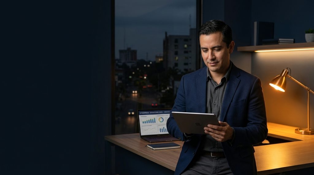 Empresario en una oficina iluminada por un sistema de respaldo de energía revisando sus datos en una tablet durante un apagón.
